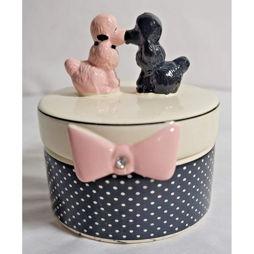 FAB Starpoint Ceramic Poodle Trinket Box Round Polka Dot Pink Bow Small Cute